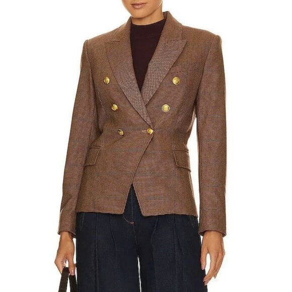 New ALC Chelsea Wool Blend Plaid Gold Button Blazer Brown 8, M $695 - Picture 1 of 8